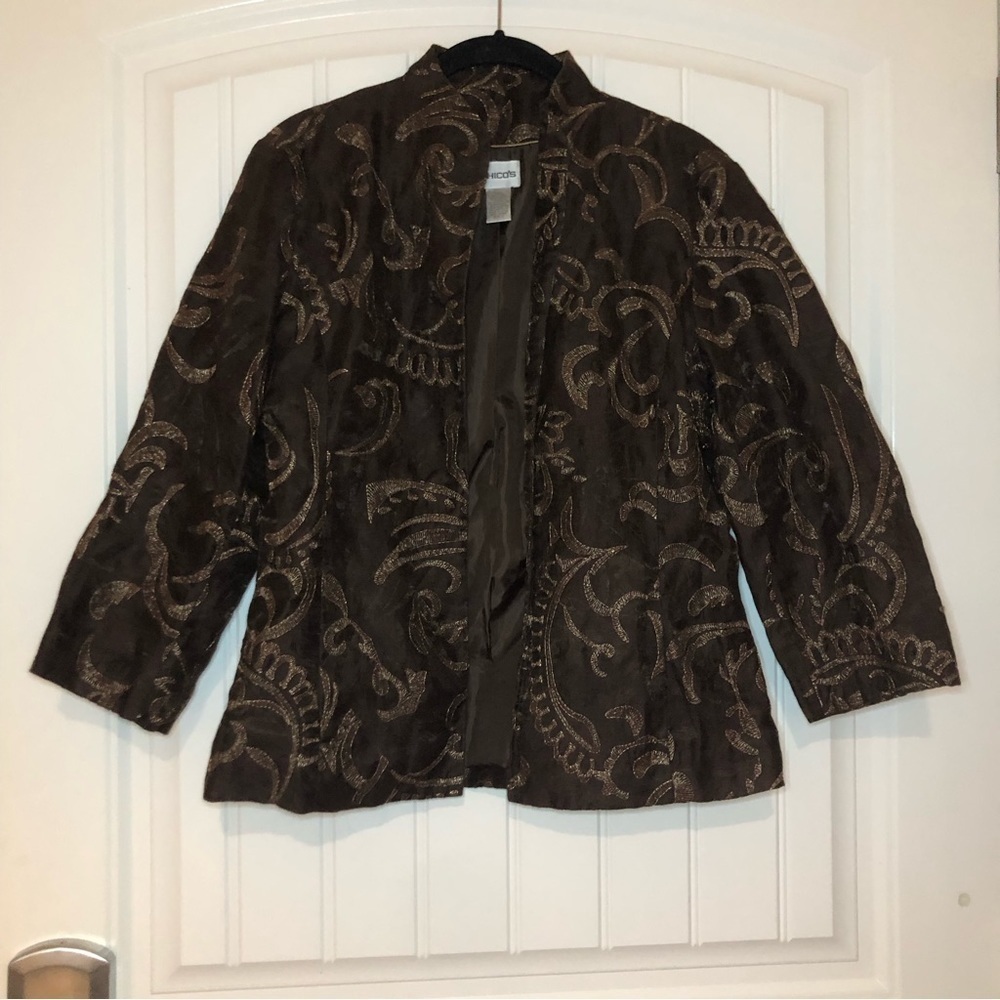 Chicos Brown Gold Stitched Nehru Open Front Suit Coat size Medium (1)